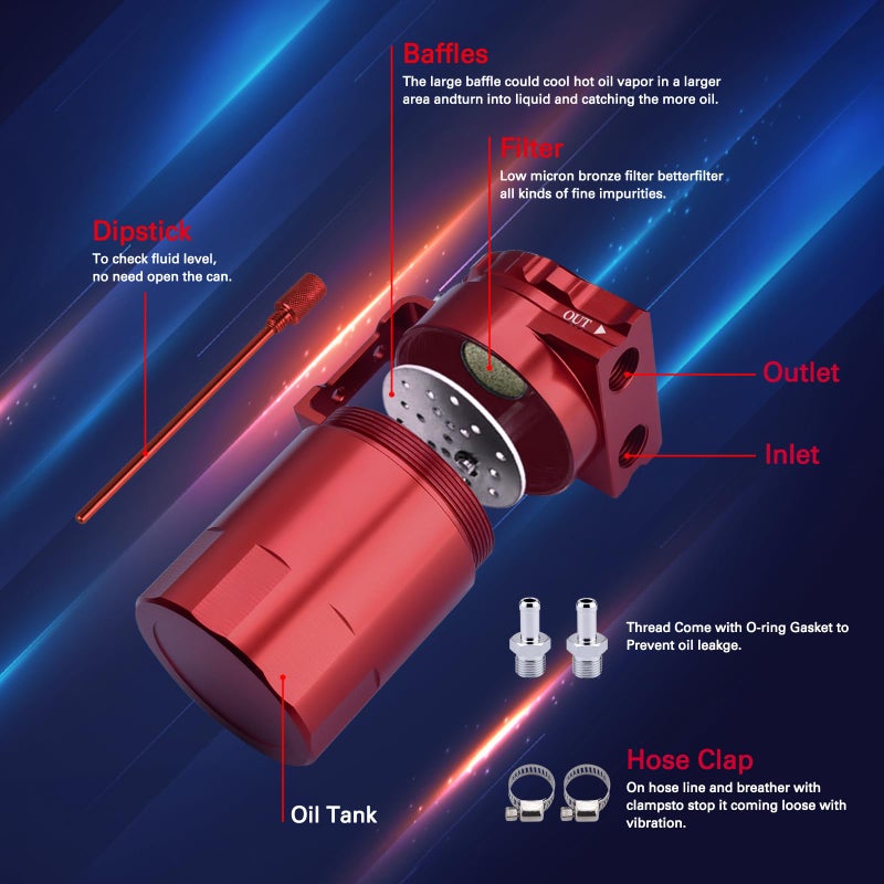 SPEEDWOW Universal Oil Catch Can Tank Filter Baffled With Hose Kit, 300ML(Red) - Image 2